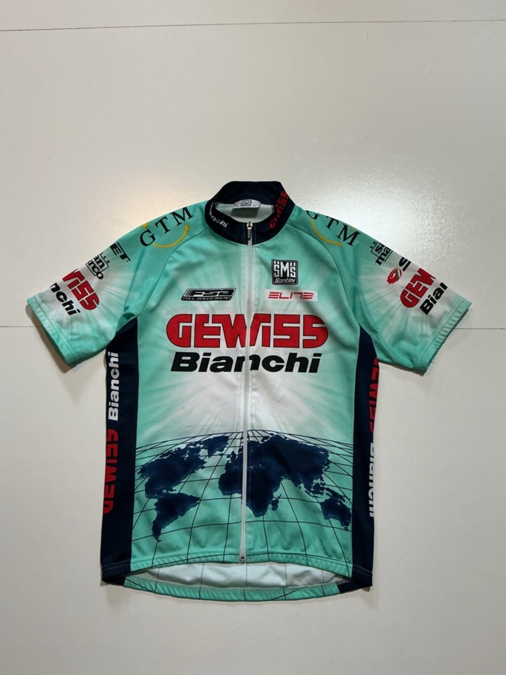 Vintage Santini SMS Bianchi Made In Italy Cycling Team Full Zip S/S Jersey